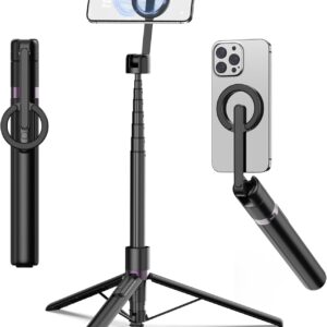 Magnetic Selfie Stick Tripod,Strong Magnetic Aluminum Phone Stand&360° Rotatable,Travel Tripod for Magsafe with Metal Ring/Remote/Tripodhead for Selfies/Live/Video Recording-Black